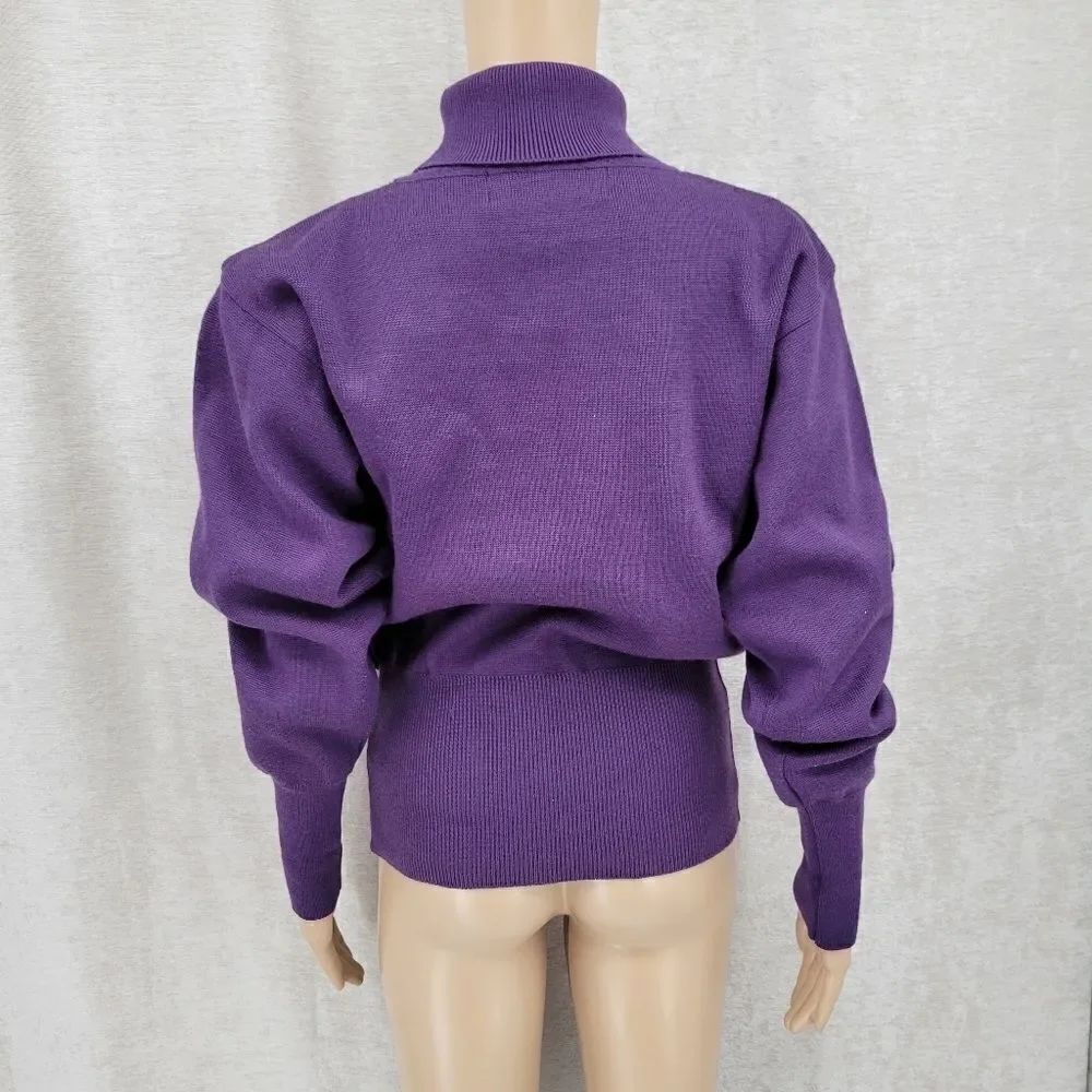 Kaelin 80s Purple Embellished Turtleneck Sweater Cinched Waist Vintage Women's - Picture 5 of 13